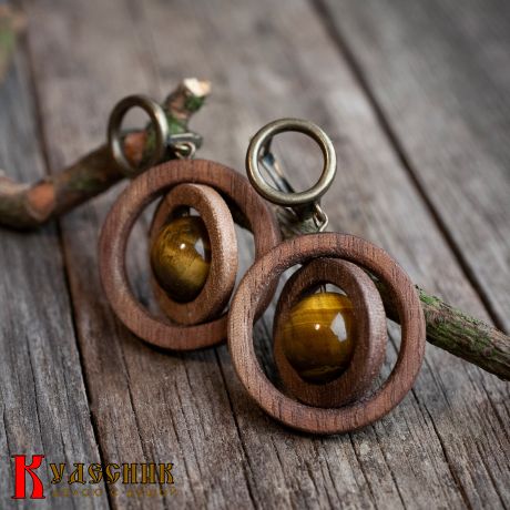 Серьги "Армиллярные сферы" из древесины американского ореха с тигровым глазом