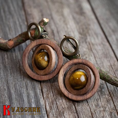 Серьги "Армиллярные сферы" из древесины американского ореха с тигровым глазом