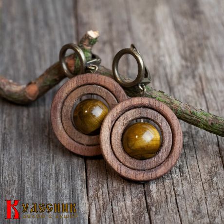 Серьги "Армиллярные сферы" из древесины американского ореха с тигровым глазом