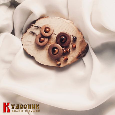 Серьги "Полли" - из древесины американского ореха с тигровым глазом