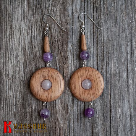 Серьги "Вечернее небо" - из древесины манго с розовым кварцем и аметистом