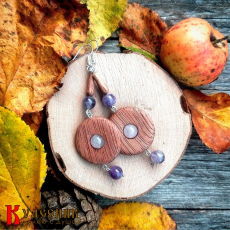 Серьги "Вечернее небо" - из древесины манго с розовым кварцем и аметистом