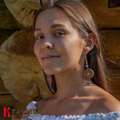 Серьги "Вечернее небо" - из древесины манго с розовым кварцем и аметистом