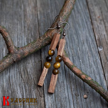 Серьги "Акварель" - из красного дерева с тигровым глазом