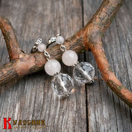 Серьги "Меридиан" - из горного хрусталя и розового кварца