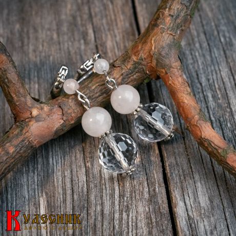 Серьги "Меридиан" - из горного хрусталя и розового кварца