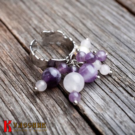 Кольцо "Букет сирени" из аметиста, розового кварца и речного жемчуга