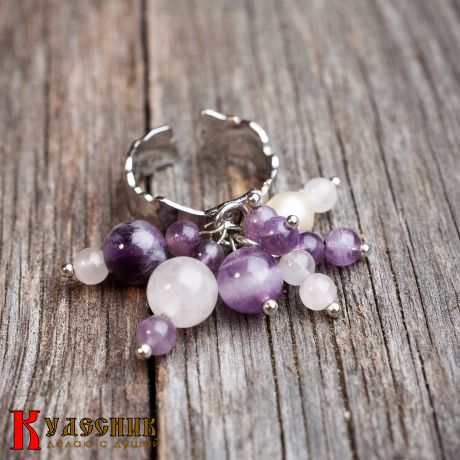Кольцо "Букет сирени" из аметиста, розового кварца и речного жемчуга