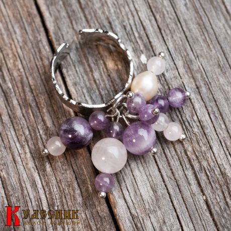 Кольцо "Букет сирени" из аметиста, розового кварца и речного жемчуга