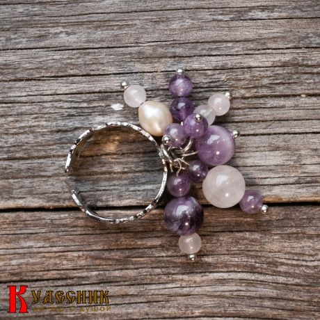 Кольцо "Букет сирени" из аметиста, розового кварца и речного жемчуга