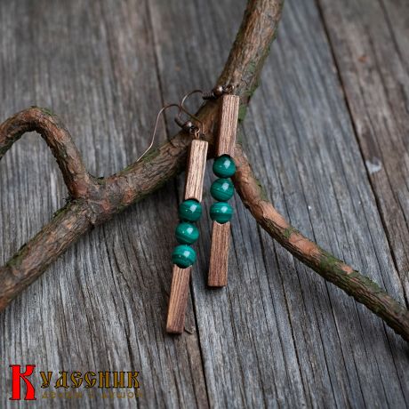 Серьги "Лесные сказки" - из красного дерева с малахитом