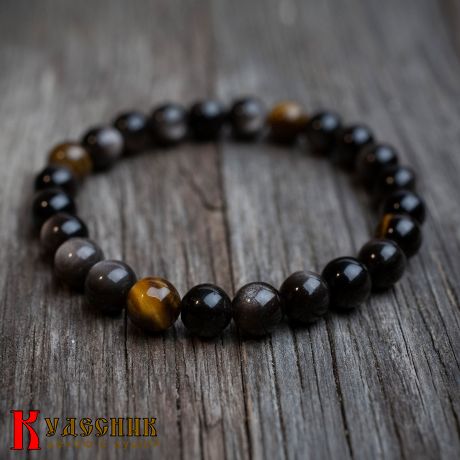 Браслет "Сила ночи" - из серебристого обсидиана и тигрового глаза