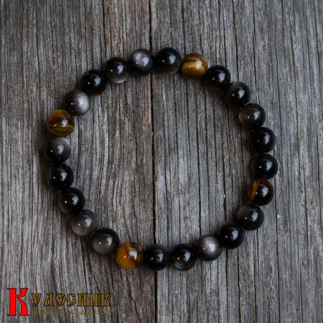 Браслет "Сила ночи" - из серебристого обсидиана и тигрового глаза