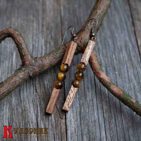 Серьги "Акварель" - из красного дерева с тигровым глазом