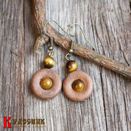 Серьги "Ореховый кофе" - из древесины американского ореха с тигровым глазом