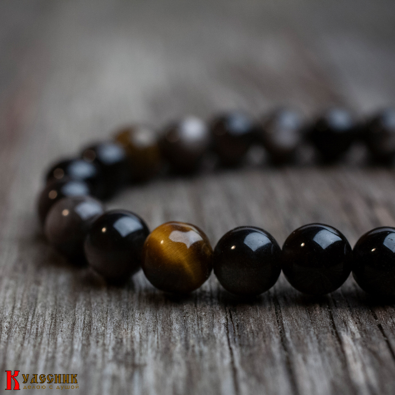 Браслет "Сила ночи" - из серебристого обсидиана и тигрового глаза