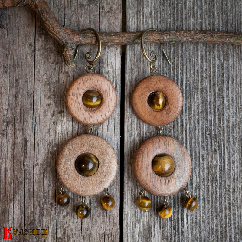 Серьги "Полли" - из древесины американского ореха с тигровым глазом