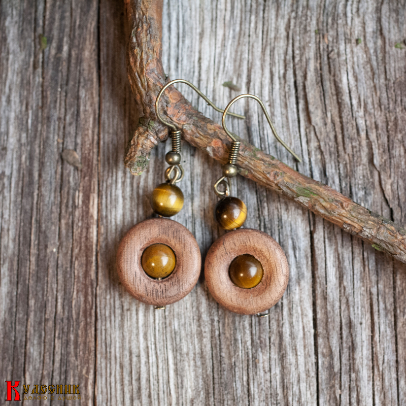 Серьги "Ореховый кофе" - из древесины американского ореха с тигровым глазом