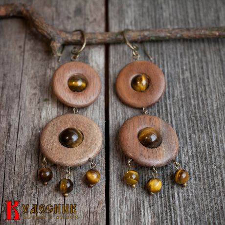 Серьги "Полли" - из древесины американского ореха с тигровым глазом