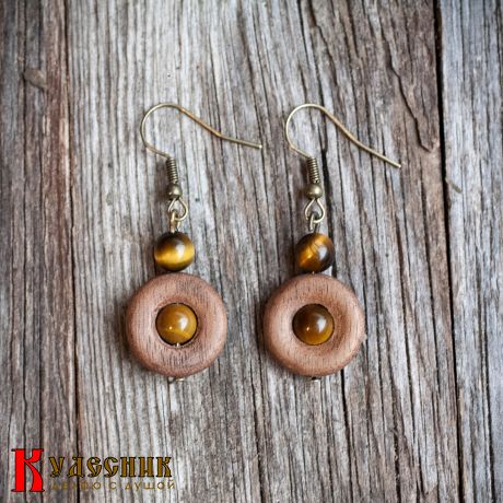 Серьги "Ореховый кофе" - из древесины американского ореха с тигровым глазом