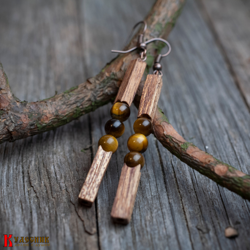 Серьги "Акварель" - из красного дерева с тигровым глазом