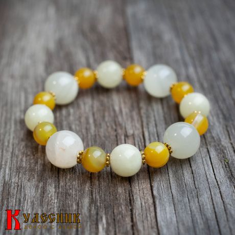 Браслет "Медовый" - из жёлтого агата, оникса и берилла