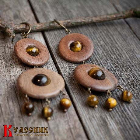 Серьги "Полли" - из древесины американского ореха с тигровым глазом