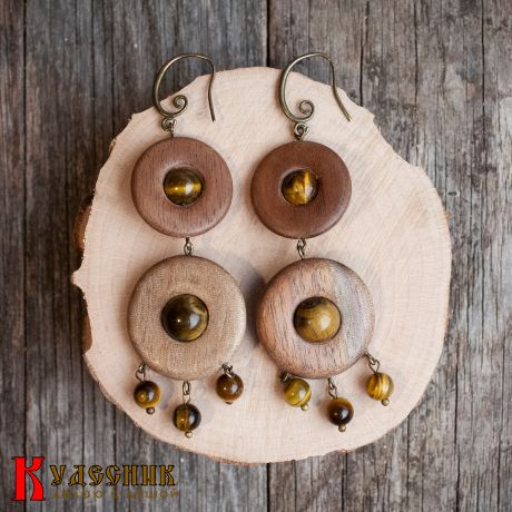 Серьги "Полли" - из древесины американского ореха с тигровым глазом