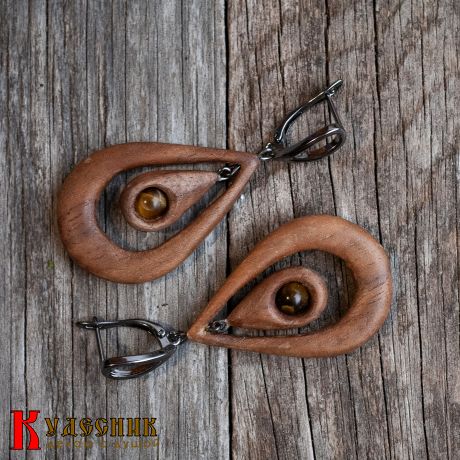 Серьги "Крылья" - из древесины американского ореха с тигровым глазом