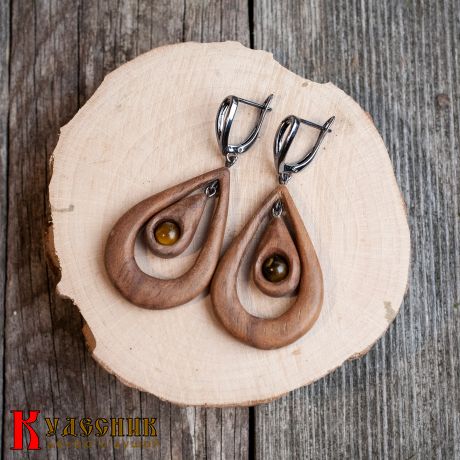 Серьги "Крылья" - из древесины американского ореха с тигровым глазом