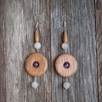 Серьги "Вечернее небо" - из древесины манго с аметистом и розовым кварцем