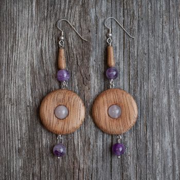Серьги "Вечернее небо" - из древесины манго с розовым кварцем и аметистом