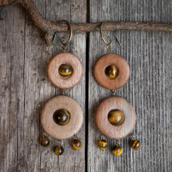 Серьги "Полли" - из древесины американского ореха с тигровым глазом