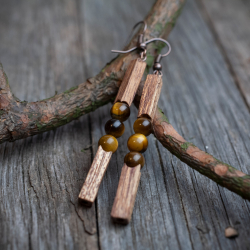 Серьги "Акварель" - из красного дерева с тигровым глазом